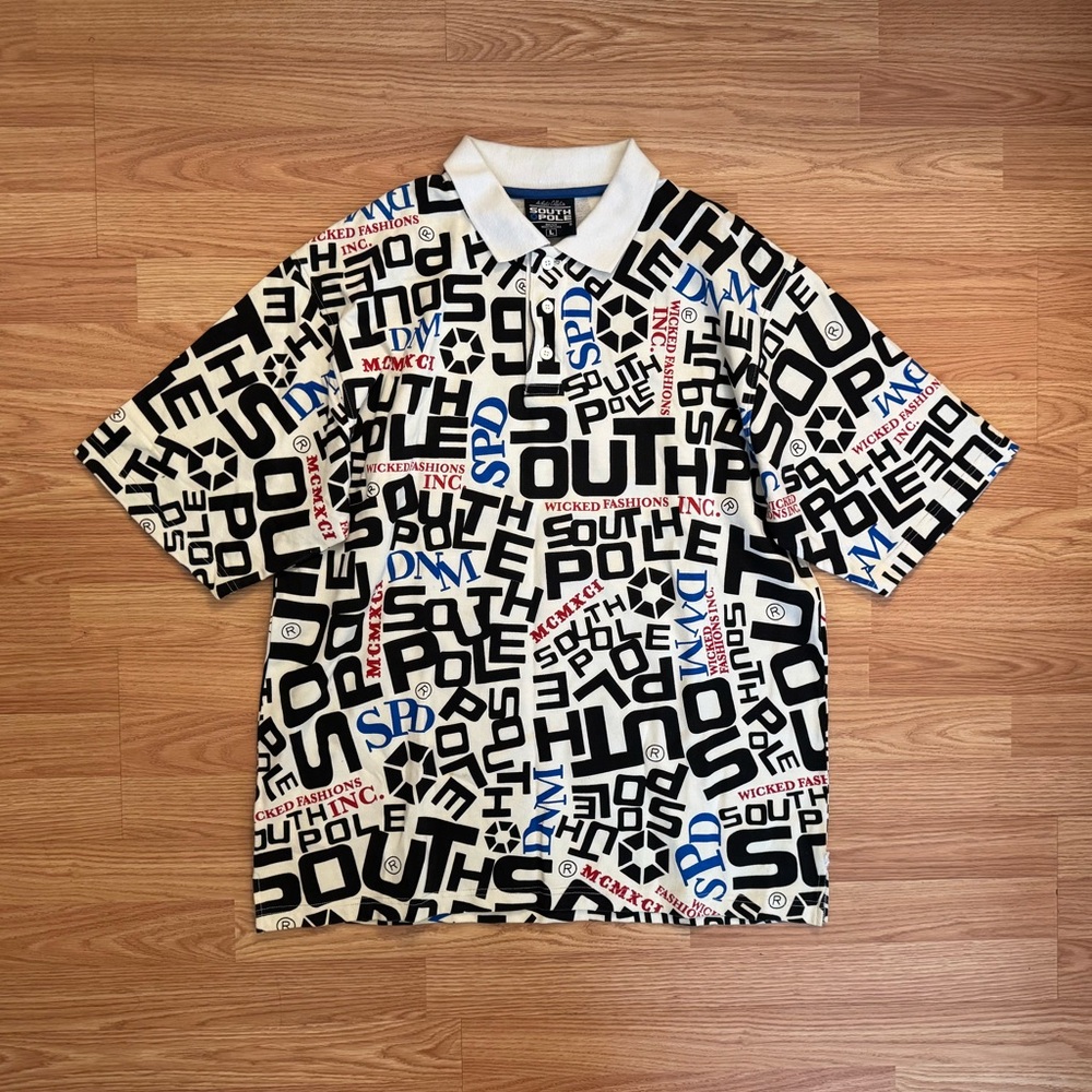 South Pole All-Over Logo Polo Shirt - White with Black, Blue & Red Print